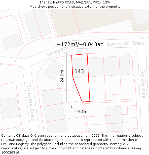 143, SWINYARD ROAD, MALVERN, WR14 1GW: Plot and title map