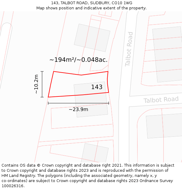 143, TALBOT ROAD, SUDBURY, CO10 1WG: Plot and title map