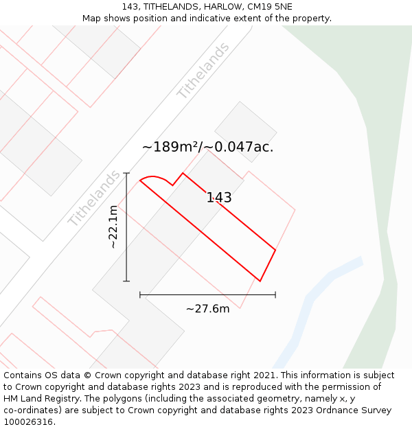 143, TITHELANDS, HARLOW, CM19 5NE: Plot and title map