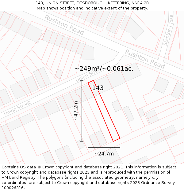 143, UNION STREET, DESBOROUGH, KETTERING, NN14 2RJ: Plot and title map