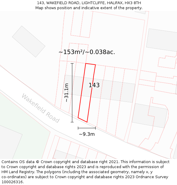 143, WAKEFIELD ROAD, LIGHTCLIFFE, HALIFAX, HX3 8TH: Plot and title map