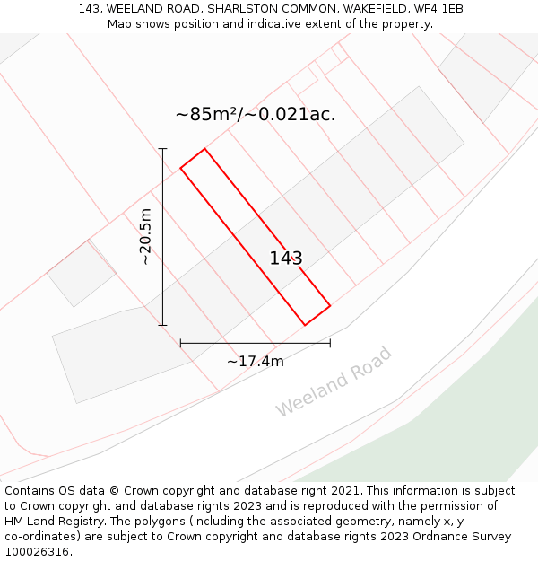143, WEELAND ROAD, SHARLSTON COMMON, WAKEFIELD, WF4 1EB: Plot and title map