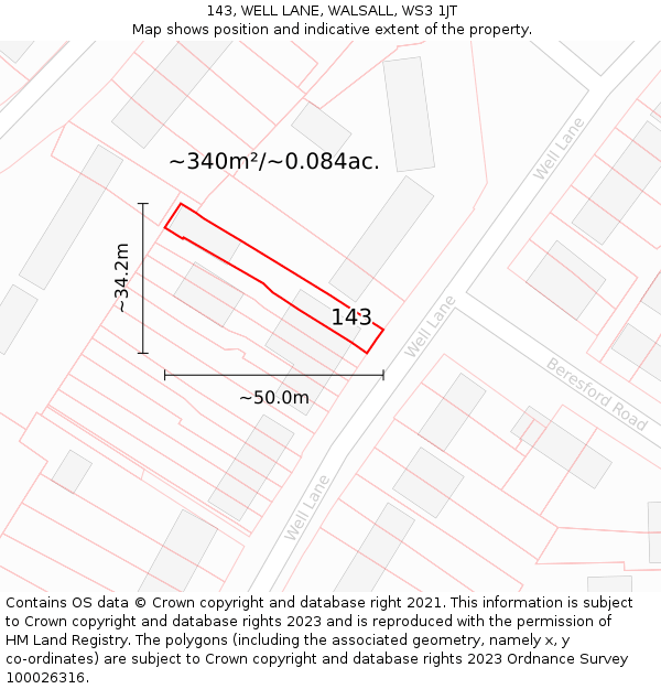 143, WELL LANE, WALSALL, WS3 1JT: Plot and title map