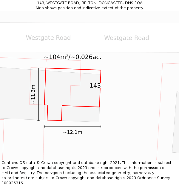 143, WESTGATE ROAD, BELTON, DONCASTER, DN9 1QA: Plot and title map