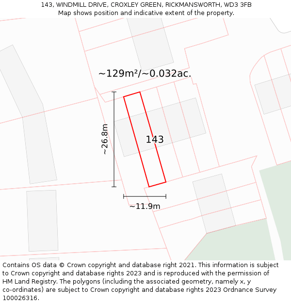 143, WINDMILL DRIVE, CROXLEY GREEN, RICKMANSWORTH, WD3 3FB: Plot and title map