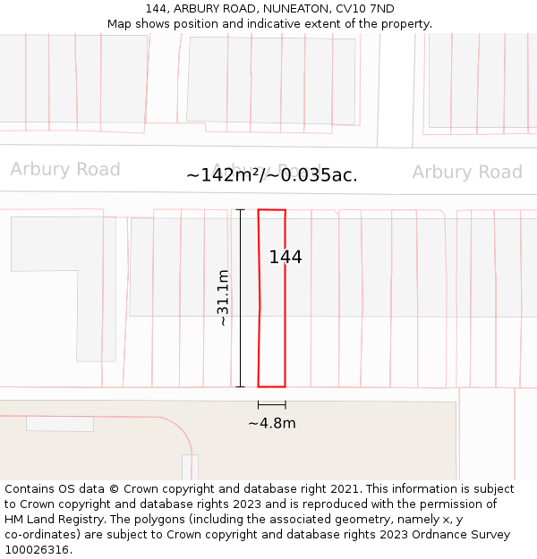 144, ARBURY ROAD, NUNEATON, CV10 7ND: Plot and title map