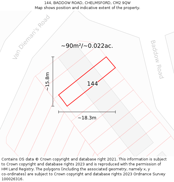 144, BADDOW ROAD, CHELMSFORD, CM2 9QW: Plot and title map