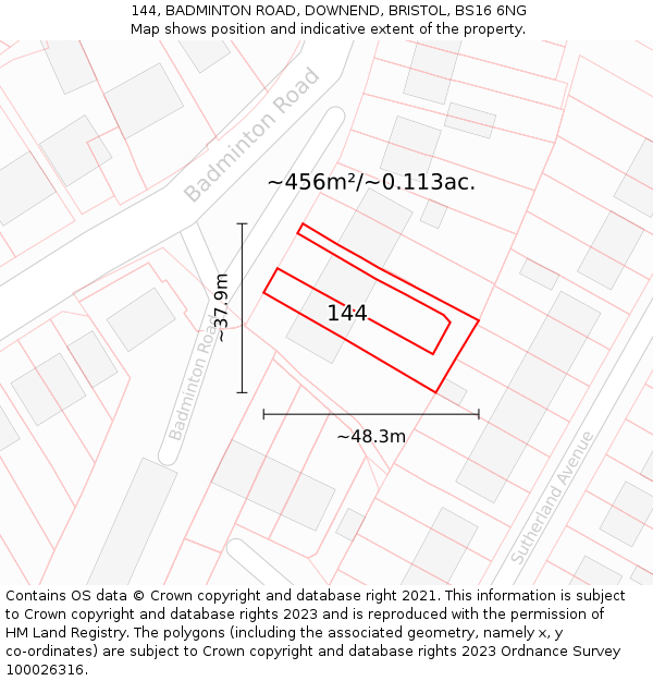 144, BADMINTON ROAD, DOWNEND, BRISTOL, BS16 6NG: Plot and title map