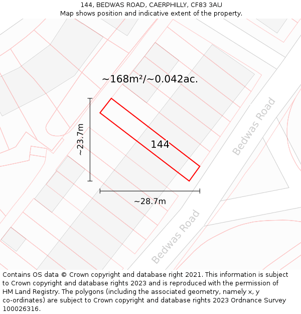 144, BEDWAS ROAD, CAERPHILLY, CF83 3AU: Plot and title map