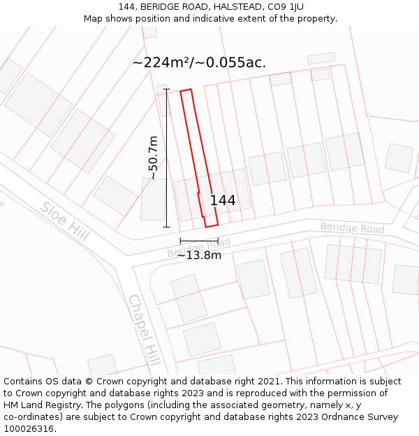 144, BERIDGE ROAD, HALSTEAD, CO9 1JU: Plot and title map