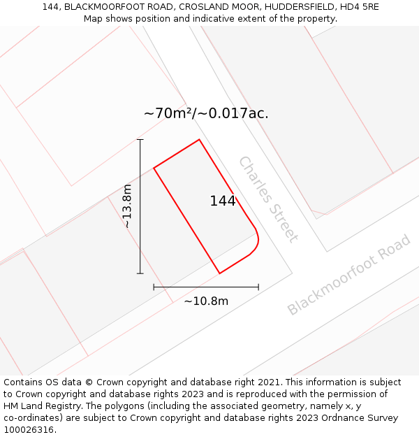 144, BLACKMOORFOOT ROAD, CROSLAND MOOR, HUDDERSFIELD, HD4 5RE: Plot and title map