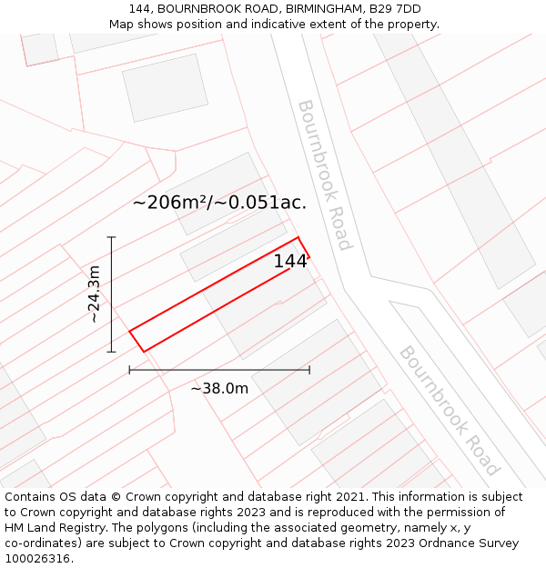 144, BOURNBROOK ROAD, BIRMINGHAM, B29 7DD: Plot and title map