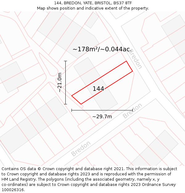 144, BREDON, YATE, BRISTOL, BS37 8TF: Plot and title map