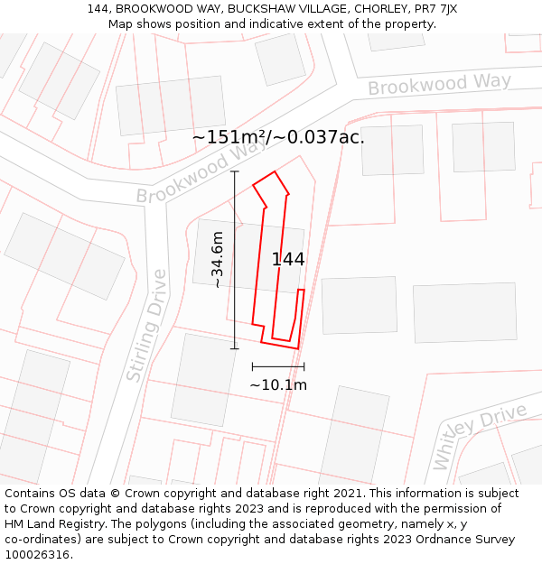 144, BROOKWOOD WAY, BUCKSHAW VILLAGE, CHORLEY, PR7 7JX: Plot and title map