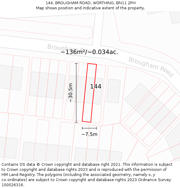 144, BROUGHAM ROAD, WORTHING, BN11 2PH: Plot and title map