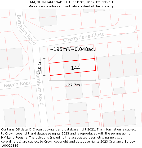 144, BURNHAM ROAD, HULLBRIDGE, HOCKLEY, SS5 6HJ: Plot and title map