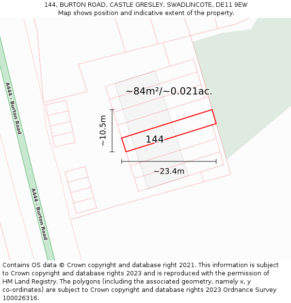 144, BURTON ROAD, CASTLE GRESLEY, SWADLINCOTE, DE11 9EW: Plot and title map