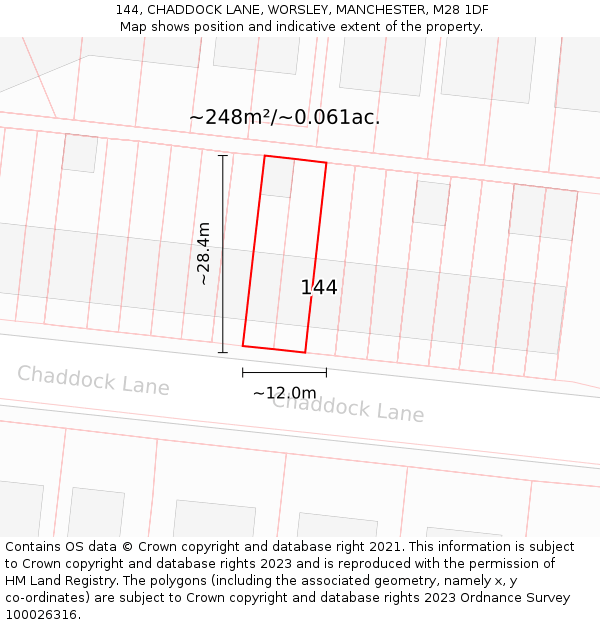 144, CHADDOCK LANE, WORSLEY, MANCHESTER, M28 1DF: Plot and title map