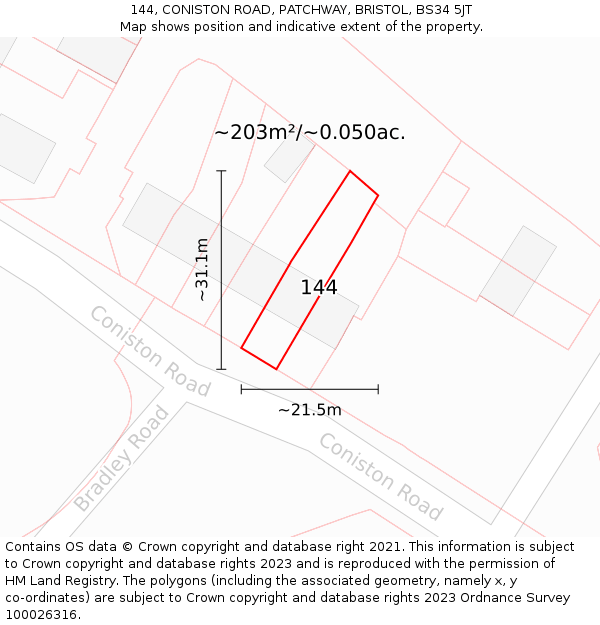 144, CONISTON ROAD, PATCHWAY, BRISTOL, BS34 5JT: Plot and title map