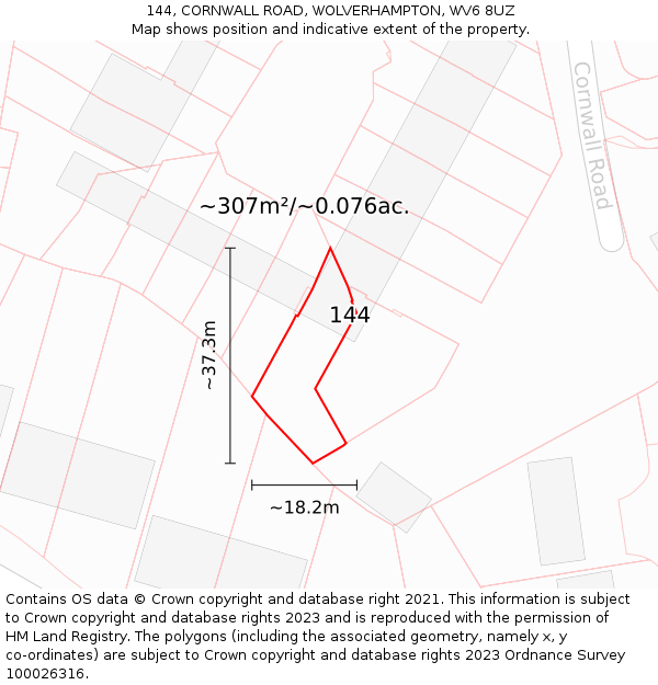 144, CORNWALL ROAD, WOLVERHAMPTON, WV6 8UZ: Plot and title map