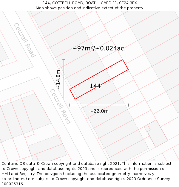 144, COTTRELL ROAD, ROATH, CARDIFF, CF24 3EX: Plot and title map