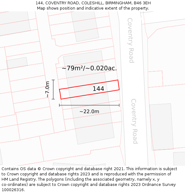 144, COVENTRY ROAD, COLESHILL, BIRMINGHAM, B46 3EH: Plot and title map