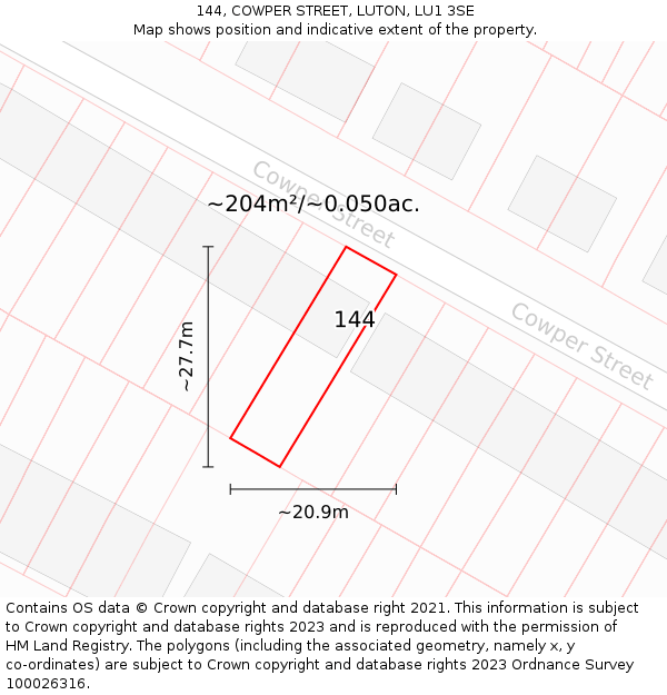 144, COWPER STREET, LUTON, LU1 3SE: Plot and title map