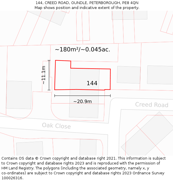 144, CREED ROAD, OUNDLE, PETERBOROUGH, PE8 4QN: Plot and title map