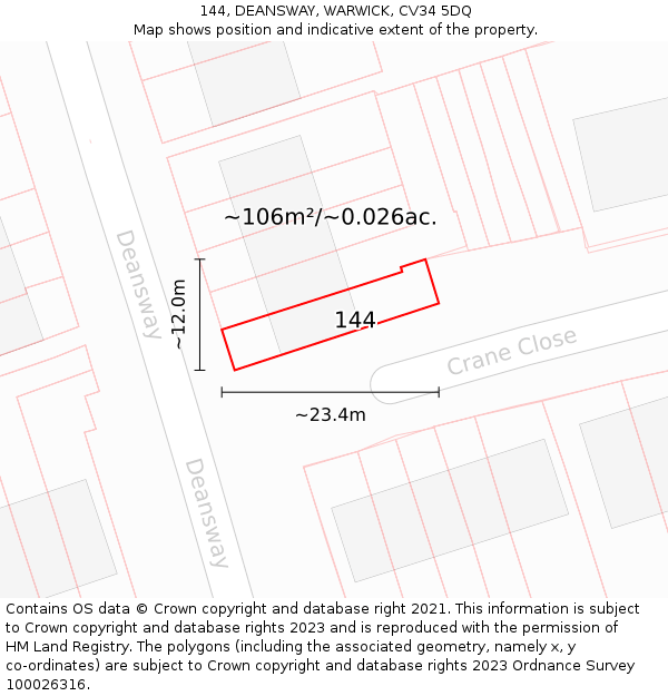 144, DEANSWAY, WARWICK, CV34 5DQ: Plot and title map