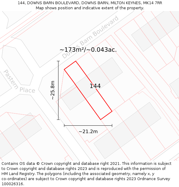 144, DOWNS BARN BOULEVARD, DOWNS BARN, MILTON KEYNES, MK14 7RR: Plot and title map