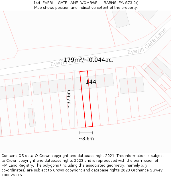 144, EVERILL GATE LANE, WOMBWELL, BARNSLEY, S73 0YJ: Plot and title map