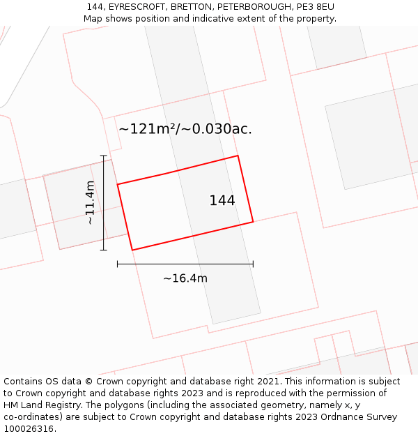 144, EYRESCROFT, BRETTON, PETERBOROUGH, PE3 8EU: Plot and title map