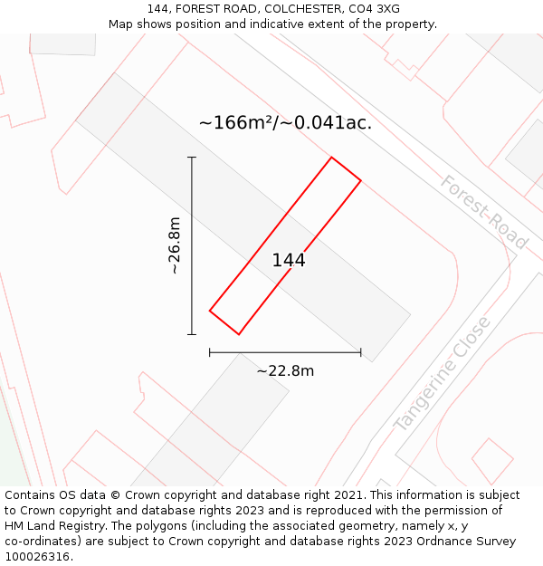 144, FOREST ROAD, COLCHESTER, CO4 3XG: Plot and title map