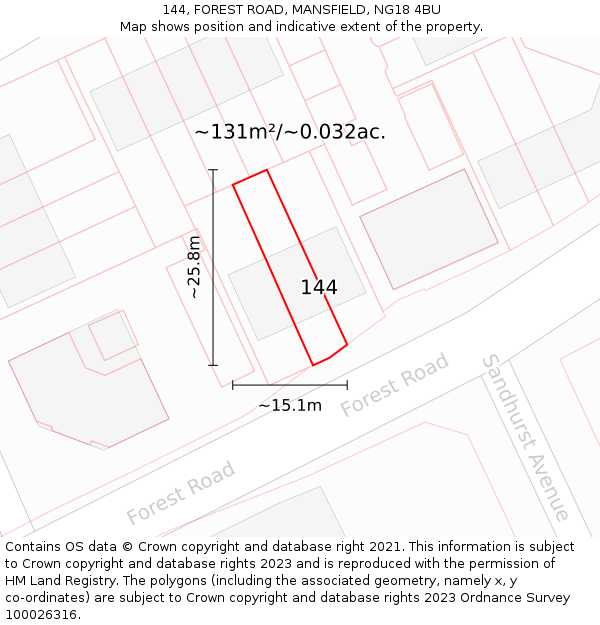 144, FOREST ROAD, MANSFIELD, NG18 4BU: Plot and title map