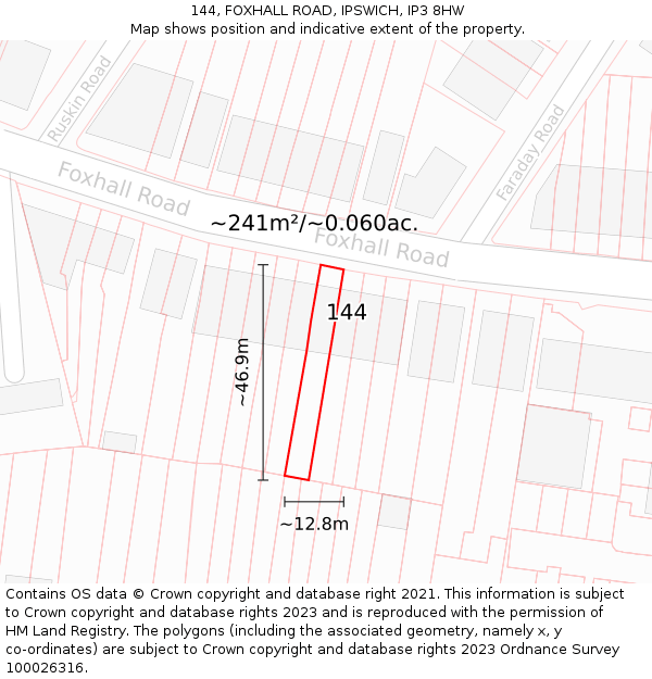 144, FOXHALL ROAD, IPSWICH, IP3 8HW: Plot and title map