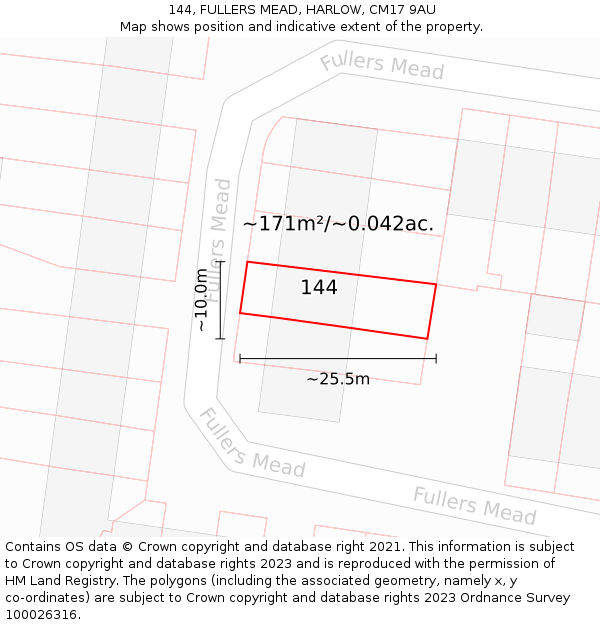 144, FULLERS MEAD, HARLOW, CM17 9AU: Plot and title map