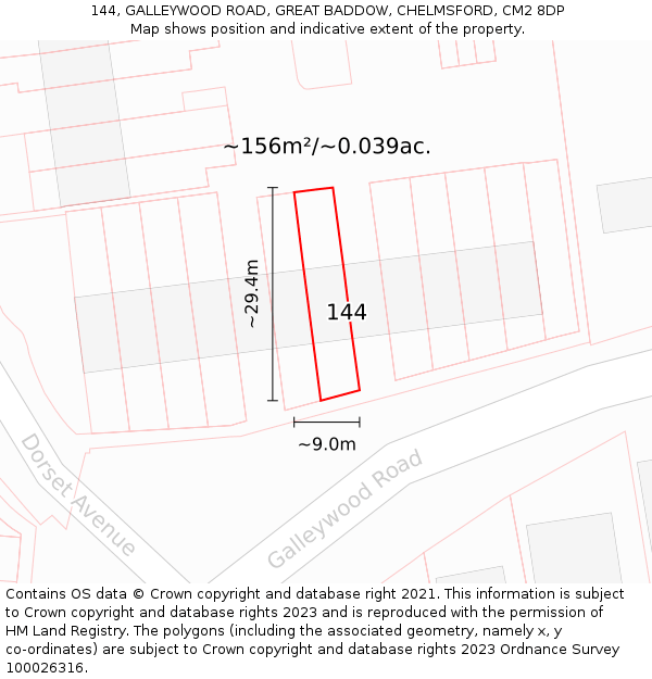 144, GALLEYWOOD ROAD, GREAT BADDOW, CHELMSFORD, CM2 8DP: Plot and title map
