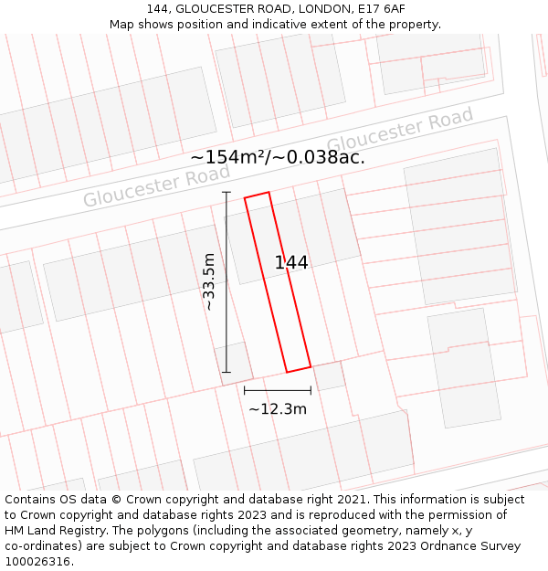 144, GLOUCESTER ROAD, LONDON, E17 6AF: Plot and title map