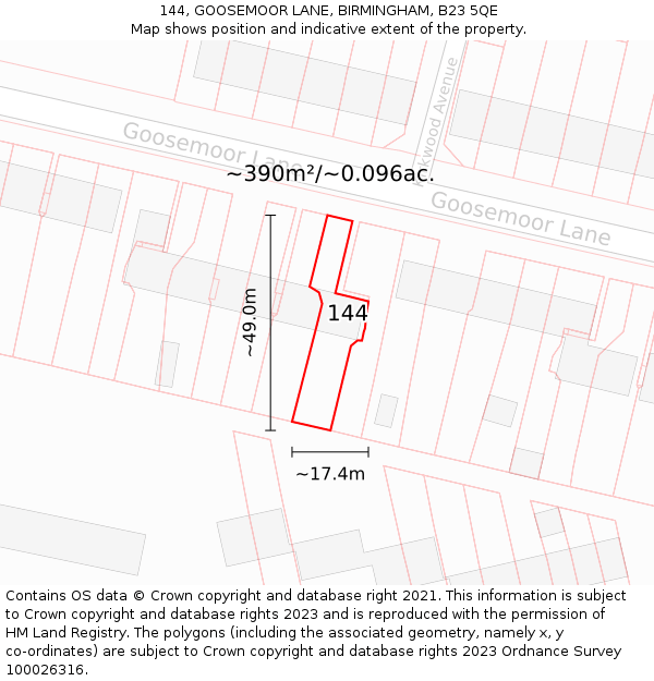 144, GOOSEMOOR LANE, BIRMINGHAM, B23 5QE: Plot and title map