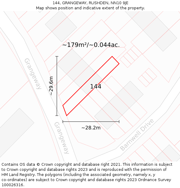 144, GRANGEWAY, RUSHDEN, NN10 9JE: Plot and title map