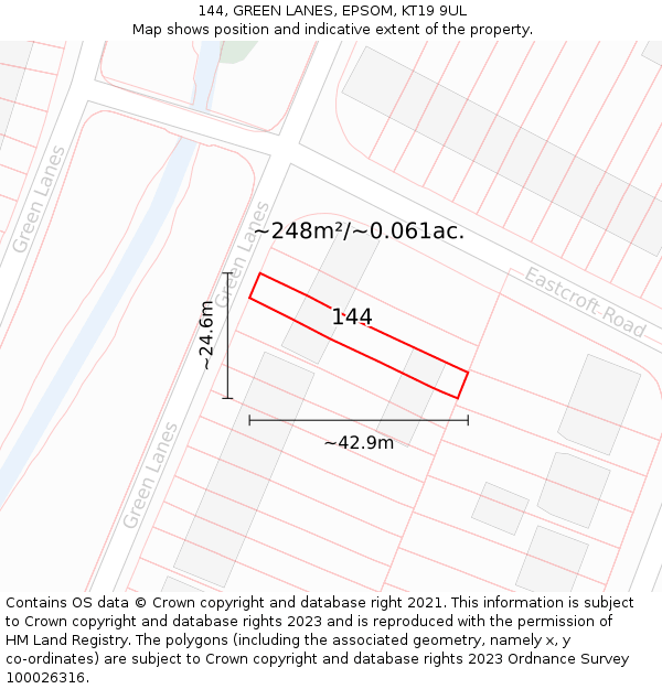 144, GREEN LANES, EPSOM, KT19 9UL: Plot and title map