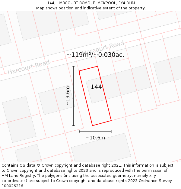 144, HARCOURT ROAD, BLACKPOOL, FY4 3HN: Plot and title map