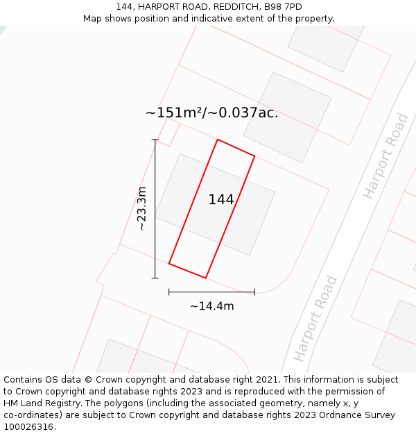 144, HARPORT ROAD, REDDITCH, B98 7PD: Plot and title map
