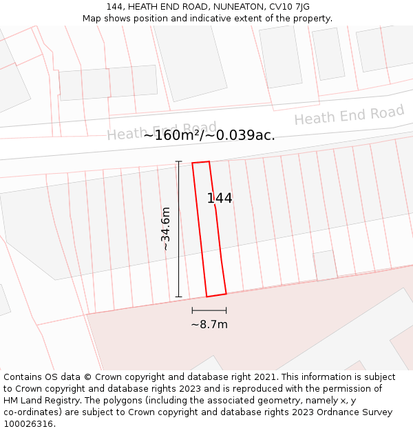 144, HEATH END ROAD, NUNEATON, CV10 7JG: Plot and title map