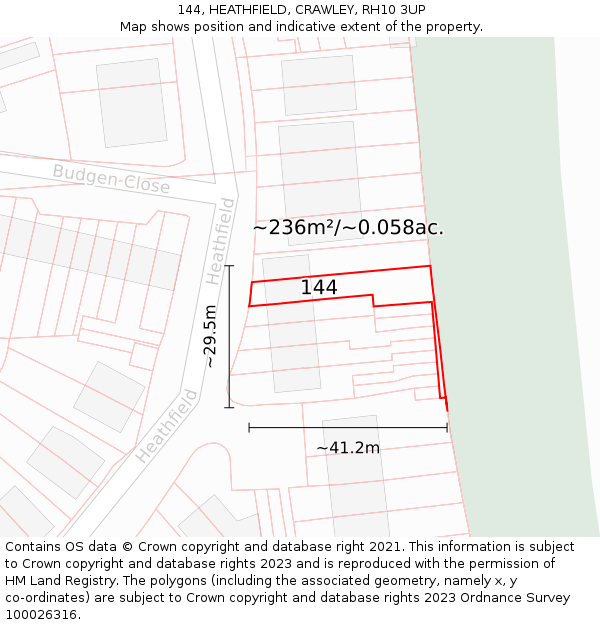 144, HEATHFIELD, CRAWLEY, RH10 3UP: Plot and title map
