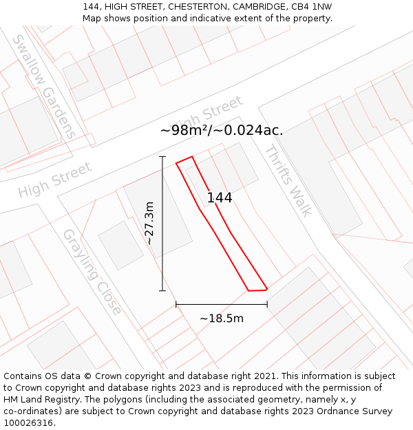 144, HIGH STREET, CHESTERTON, CAMBRIDGE, CB4 1NW: Plot and title map