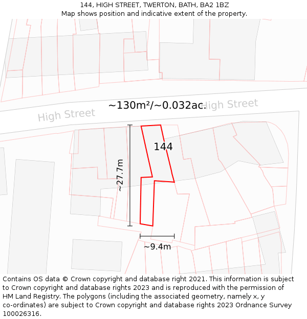 144, HIGH STREET, TWERTON, BATH, BA2 1BZ: Plot and title map