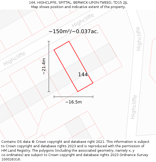 144, HIGHCLIFFE, SPITTAL, BERWICK-UPON-TWEED, TD15 2JL: Plot and title map