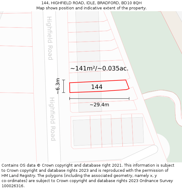 144, HIGHFIELD ROAD, IDLE, BRADFORD, BD10 8QH: Plot and title map