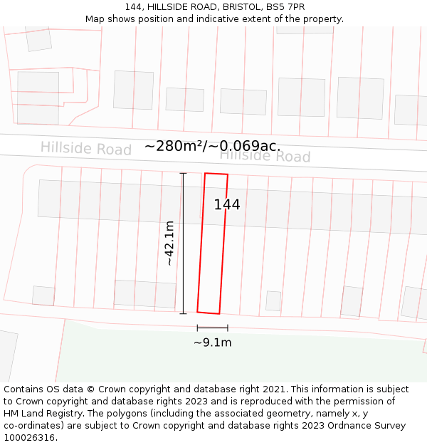 144, HILLSIDE ROAD, BRISTOL, BS5 7PR: Plot and title map
